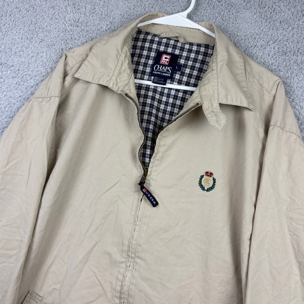 Vintage Chaps Ralph Lauren Jacket Mens L Beige Harrington Plaid Lined Crest 90s